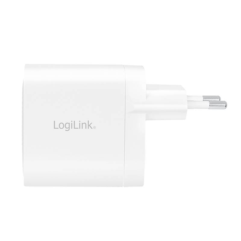 Weißes, quadratisches USB-Ladegerät mit europäischem Stecker, seitlich abgebildet, der Markenname 'LogiLink' ist sichtbar.