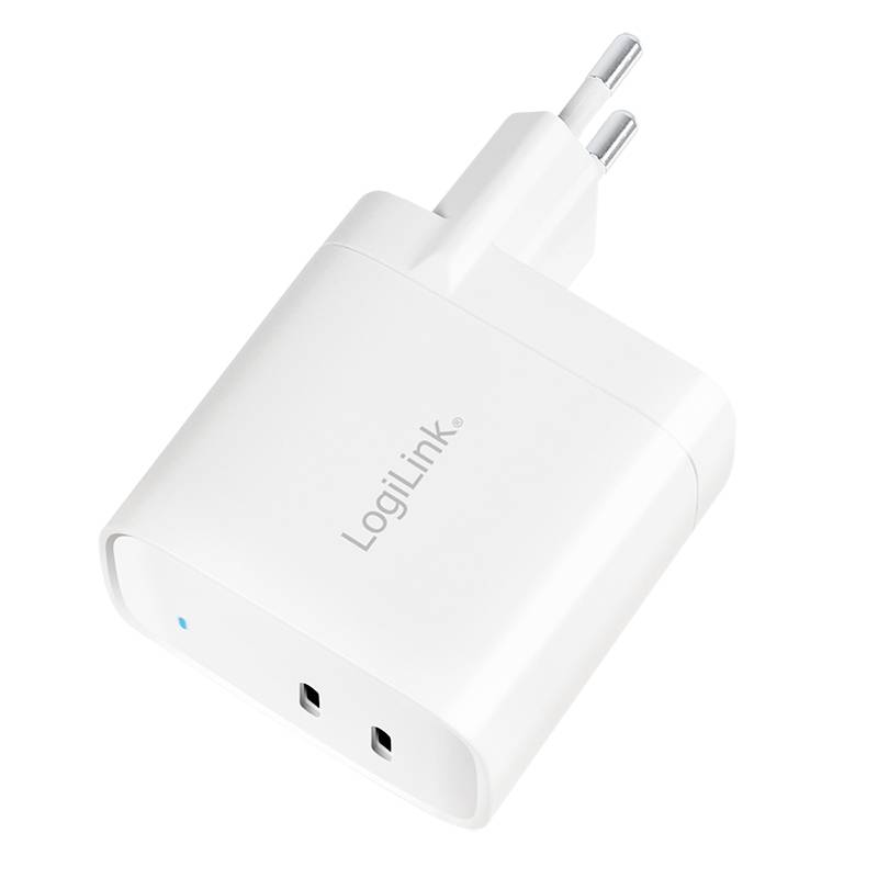Ein weißes Ladegerät mit EU-Stecker, Marke 'LogiLink', abgebildet. Es hat zwei Anschlüsse zur Stromabgabe.