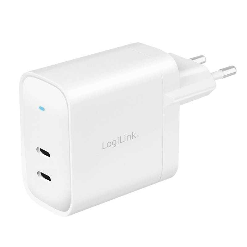 Ein weißes USB-Ladegerät mit zwei USB-C-Anschlüssen und europäischem Stecker von der Marke 'LogiLink'.
