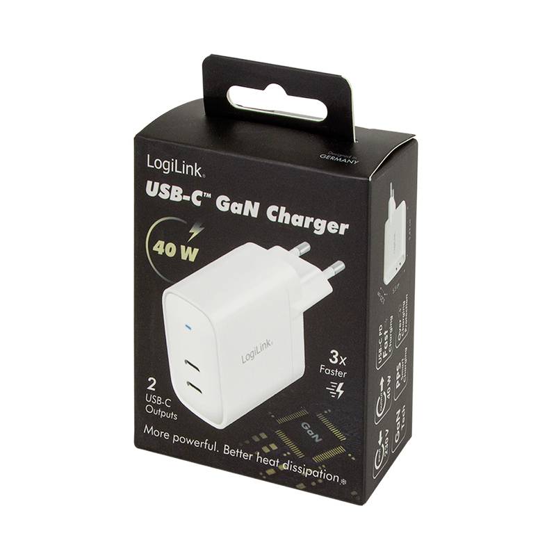 USB-C GaN-Ladegerät von LogiLink in schwarzer Verpackung. Aufdrucktext: '40 W', '3x schneller', '2 USB-C-Ausgänge', 'Bessere Wärmeableitung'.