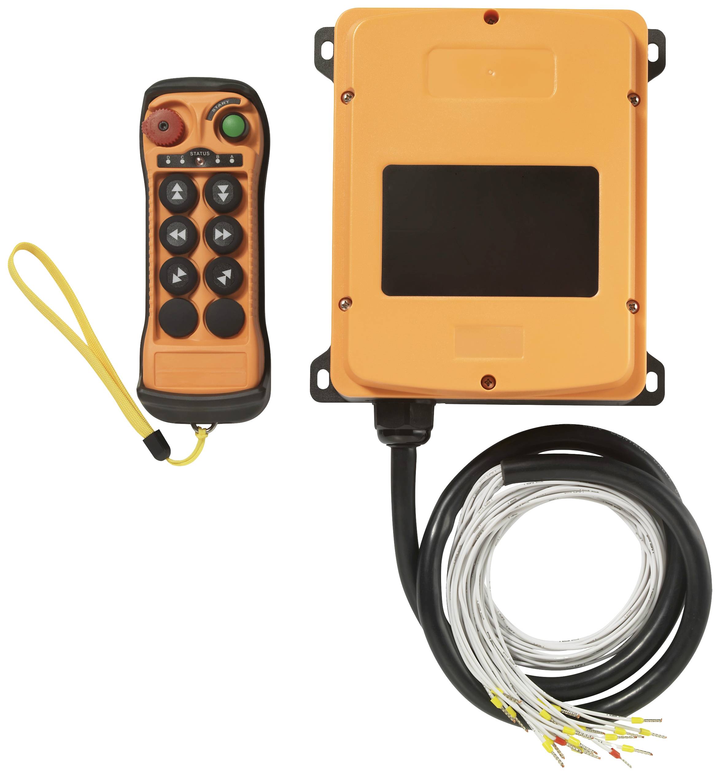 Funkfernbedienung und Empfänger: Orangefarbener Controller mit Tasten und zugehörige Verkabelung. Wird zur Steuerung von Geräten genutzt.