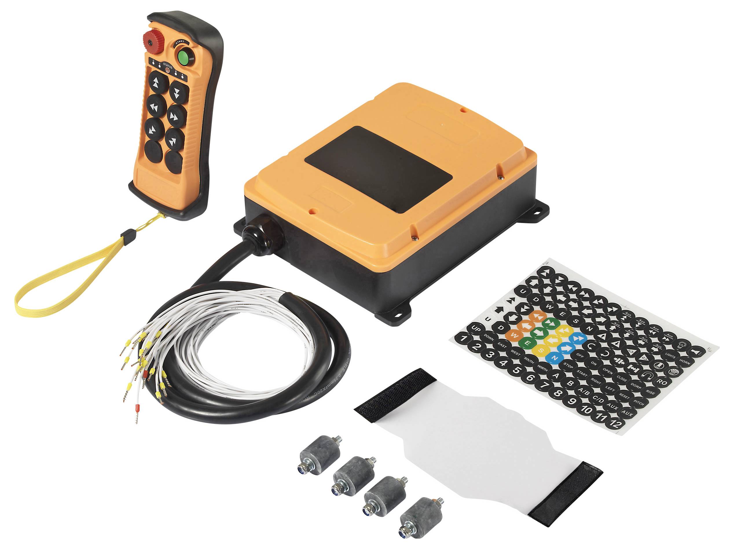 Drahtloses Fernbedienungsset mit Empfängerbox, Handsender, Verbindungskabeln und verschiedenen Anschlüssen für elektronische Systeme.
