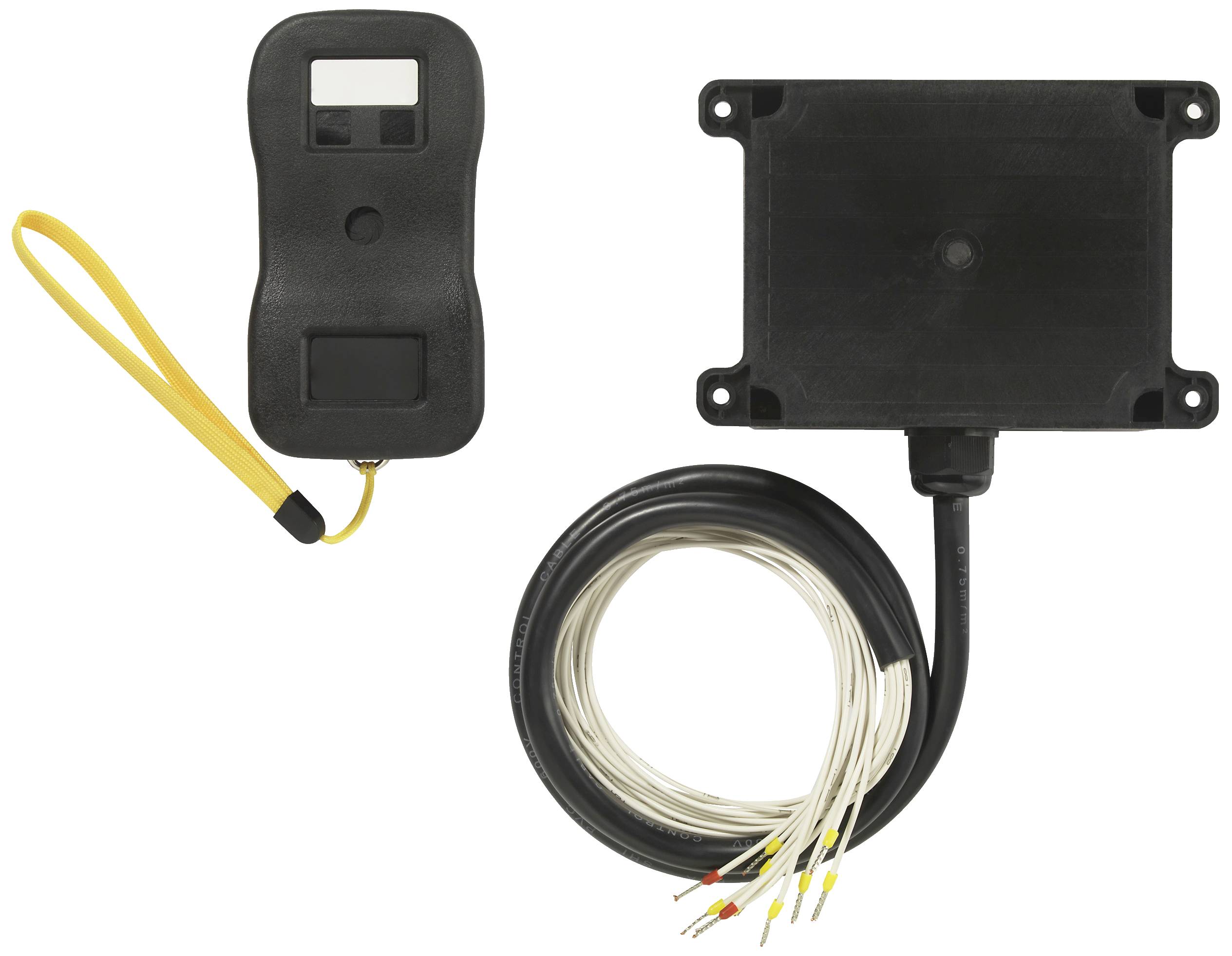 Ein elektronisches Gerät mit Sensor und gelbem Band neben einem schwarzen Gehäuse verbunden durch ein Kabel mit mehreren Adern.