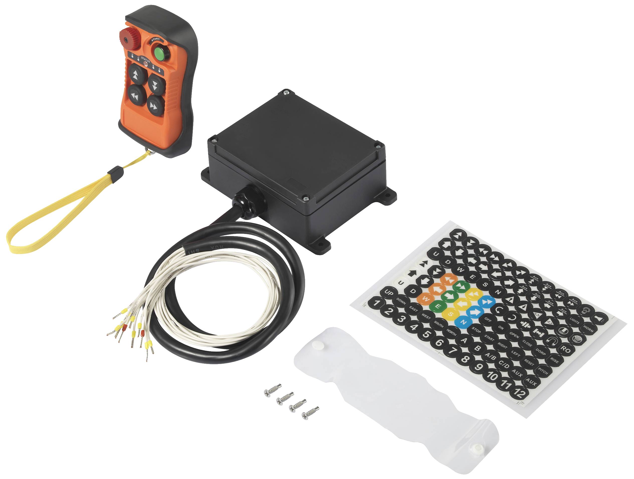 Fernbedienungsset mit Empfängerbox, Kabeln, Etikettenbogen, Schrauben und Schutzabdeckung. Hauptsächlich für elektronische Geräte.