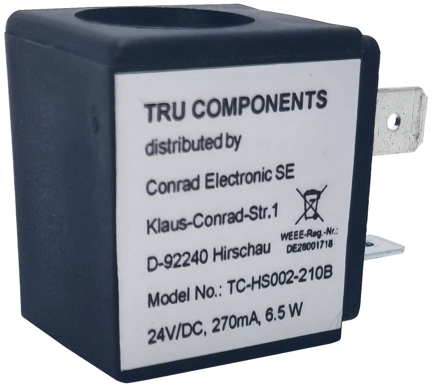 Schwarze rechteckige Spule mit Etikett: 'TRU COMPONENTS, 24V/DC, 270mA, 6.5W'; Vertrieben von Conrad Electronic SE.