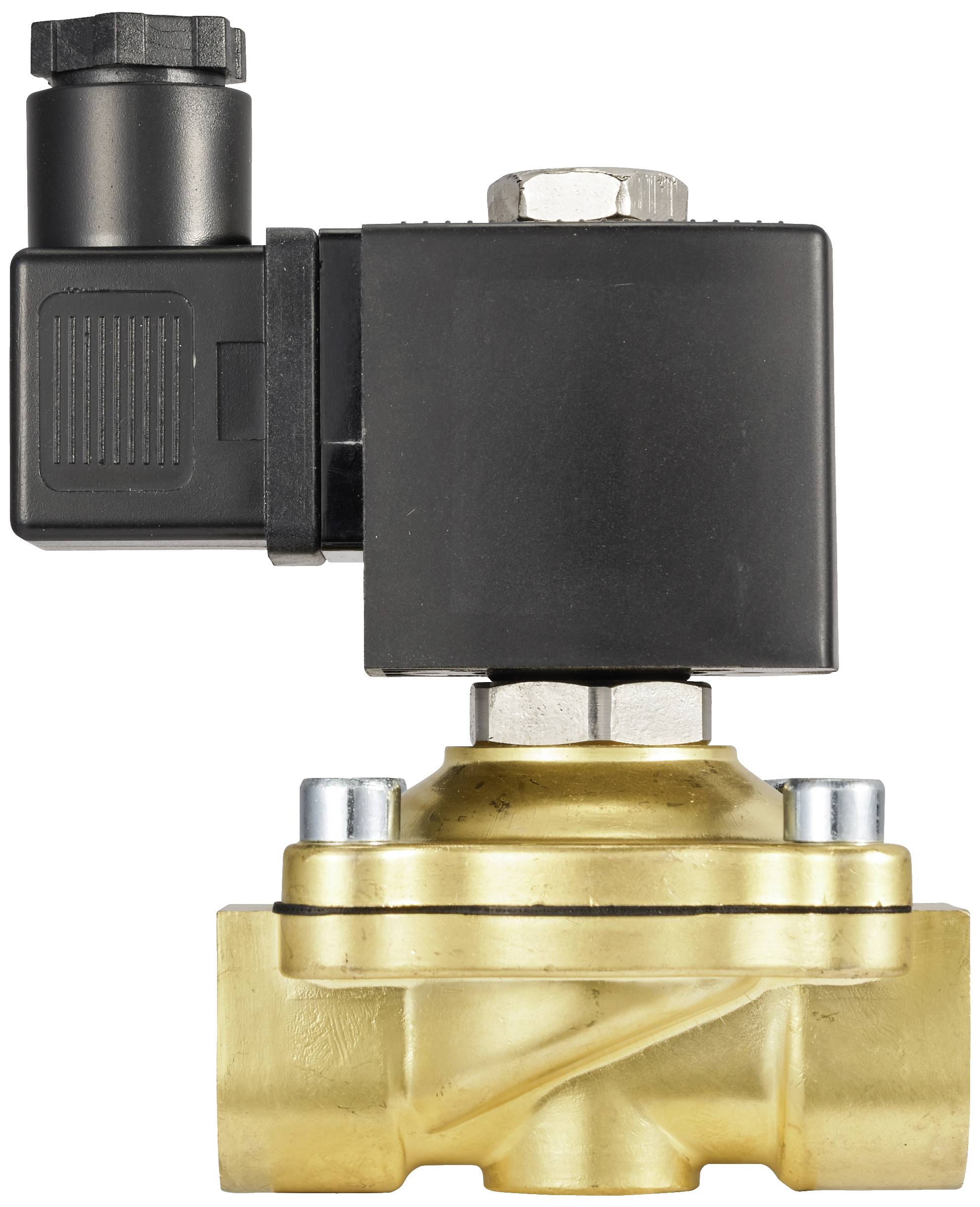 Ein elektrisch betriebenes Magnetventil aus Messing, schwarz und goldfarben, zur Steuerung von Flüssigkeits- oder Gasfluss in Rohrleitungen.