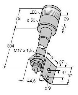 Technische Zeichnung eines zylindrischen Geräts mit LED-Anzeige, M17 x 1,5 Gewinde, inklusive detaillierten Maßen in Millimetern.