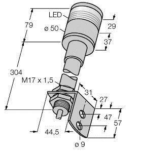 Technische Zeichnung eines zylindrischen Geräts mit LED-Anzeige, Abmessungen und Schraubenlöcher markiert. Anschlüsse unten sichtbar.