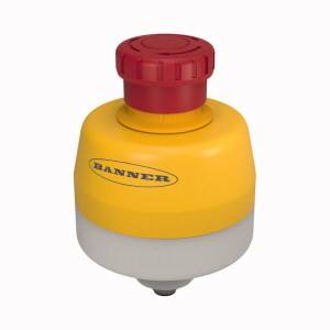 Gelbes Gerät mit rotem Knopf und 'Banner'-Logo. Wahrscheinlich ein Sicherheits- oder Steuergerät, wird in industriellen Anwendungen verwendet.