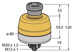 Abbildung eines Sensors mit den Maßen: Höhe 120 mm, Durchmesser 80 mm. Gewindeangaben: M20 x 1,5 und M12 x 1. Oberer Teil 33 mm, unterer 19 mm.
