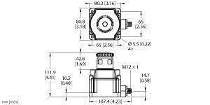 Technische Zeichnung eines quadratischen Bauteils mit diversen metrischen Abmessungen und M12-Gewinde; zeigt Vorder- und Seitenansicht.