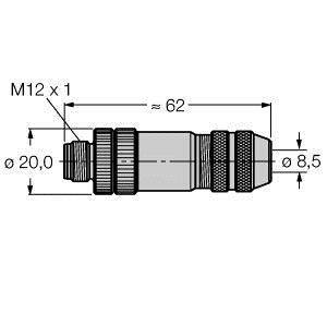 Technische Zeichnung eines Steckverbinders mit Abmessungen: Länge 62 mm, Durchmesser 20 mm und 8,5 mm, Gewinde M12 x 1.