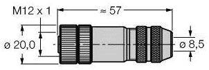 Technische Zeichnung eines Steckers mit Maßen: Länge ≈ 57 mm, Gewinde M12 x 1, Durchmesser Ø 20,0 mm und Ø 8,5 mm.
