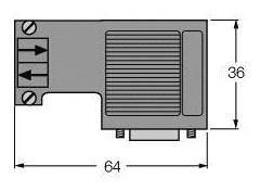 Technische Zeichnung eines rechteckigen Geräts mit Maßen: 64 Breite, 36 Höhe. Enthält Symbole und Linien, Detailansicht.