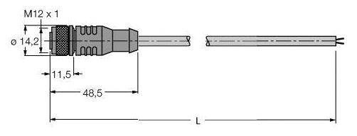 Stecker-Zeichnung: M12 x 1 Stecker mit Maßen: Durchmesser 14,2 mm, Länge 48,5 mm, Gesamtlänge 'L', schraubbar mit Kabel.