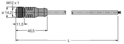Technische Zeichnung eines M12 Steckverbinders mit abisoliertem Kabelende. Maße: Ø 14,2 mm, Länge 48,5 mm, Gesamtlänge L.
