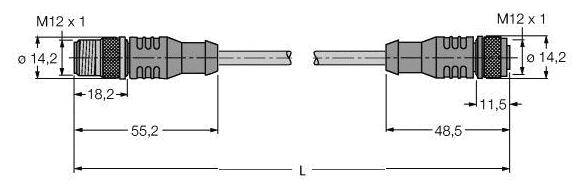 Technische Zeichnung zweier M12 x 1 Steckverbinder mit Abmessungen: Länge jeweils 55,2 mm und 48,5 mm, Durchmesser 14,2 mm.