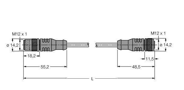 Technische Zeichnung von zwei M12-Steckverbindern mit Maßangaben. Links: 55,2 mm Länge, rechts: 48,5 mm Länge. Beide haben 14,2 mm Durchmesser.