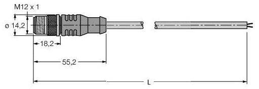 Stecker M12, Maße: Gewinde M12 x 1, Durchmesser 14,2 mm, Länge bis Kabel 55,2 mm, Gesamtlänge L. Detaillierte technische Zeichnung.