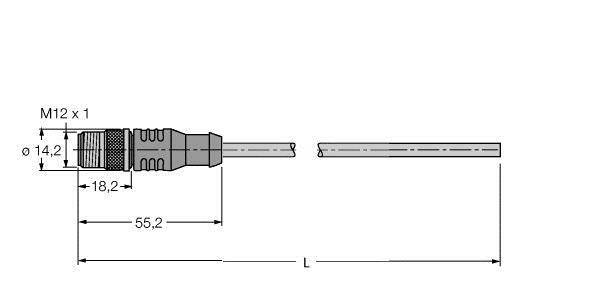 Technische Zeichnung eines Steckverbinders mit Maßen: Durchmesser 14,2 mm, Gesamtlänge 55,2 mm, M12 x 1 Gewinde.