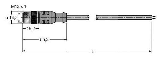 Steckverbinder M12, Durchmesser 14,2 mm, Gesamtlänge 55,2 mm ohne Kabel, mit Kabelmarkierung.