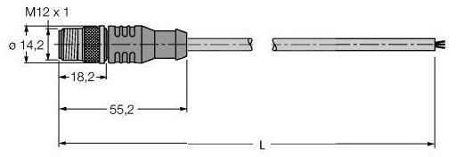 Technische Zeichnung eines Steckers mit Maßen: M12 x 1, Durchmesser 14,2 mm, Länge 55,2 mm, Kabel mit variabler Länge L.