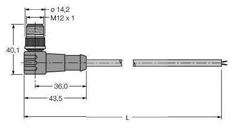Technische Zeichnung eines Winkelsensors mit genauen Abmessungen. Maße: Durchmesser 14,2 mm, Länge 43,5 mm, Höhe 40,1 mm.