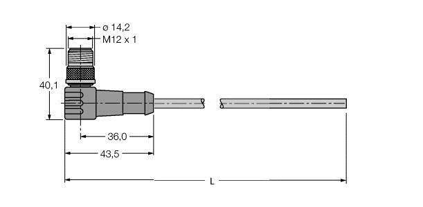 Technische Zeichnung eines elektrischen Steckers mit M12-Gewinde. Maße: Länge 43,5 mm, Durchmesser 14,2 mm, Höhe 40,1 mm.