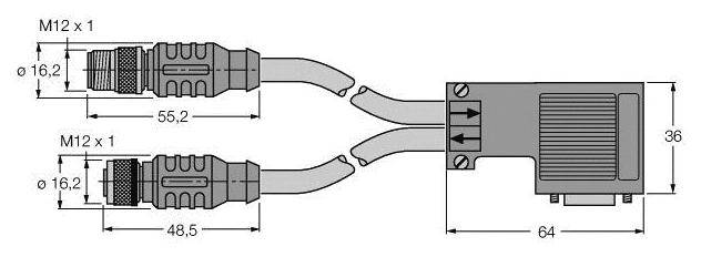Technische Zeichnung eines Steckverbinders mit zwei M12-Steckern. Maße: 55,2 mm und 48,5 mm für Stecker, Gehäuselänge 64 mm, Höhe 36 mm.