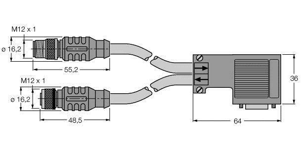 Technische Zeichnung zweier M12-Anschlüsse, verbunden mit einer rechteckigen Box. Maße: 55,2 mm, 48,5 mm und 64 mm.