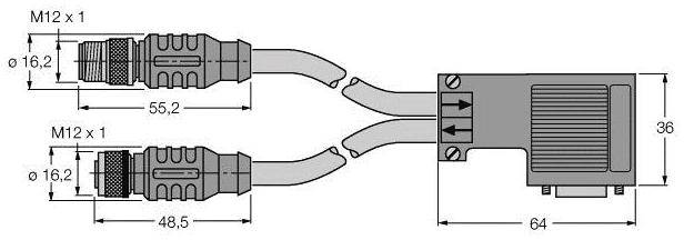 Anschlussdiagramm zeigt zwei M12-Stecker, verbunden mit einem Verbinder auf der rechten Seite. Maße: Ø16,2 mm, 55,2 mm, 48,5 mm, 64 mm, 36 mm.