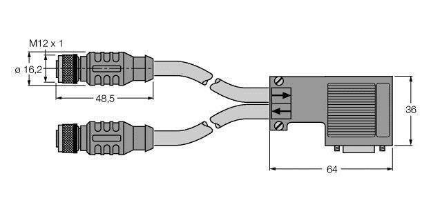 Technische Zeichnung eines rechteckigen Adapters mit zwei Kabelanschlüssen und Maßangaben. Verbindungen zeigen Pfeile.