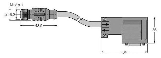Technische Zeichnung eines M12-Steckers mit Abmessungen: Länge 48,5 mm, Höhe 36 mm, Breite 64 mm. Anschlüsse sind markiert.
