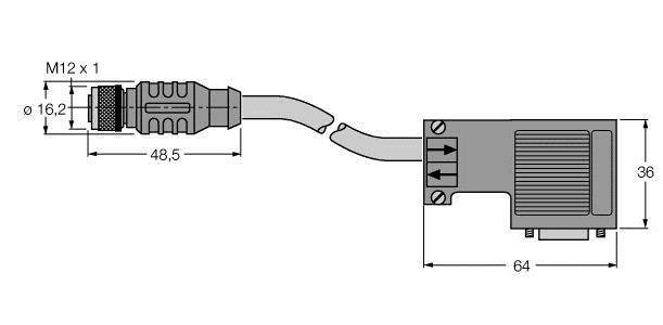 Technische Zeichnung eines Steckverbinders mit Maßen: M12 x 1, 48,5 mm Länge, 16,2 mm Durchmesser. Gerät: 64 mm x 36 mm.