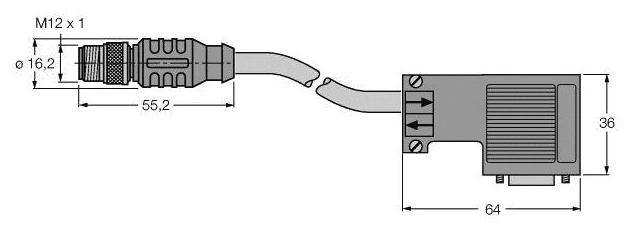 Technische Zeichnung eines M12 Steckverbinders mit Maßen: Länge 55,2 mm, Breite 16,2 mm. Anschlusskästchen: Breite 64 mm, Höhe 36 mm.