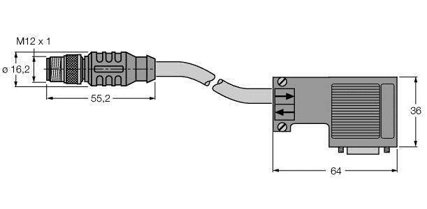 Technische Zeichnung eines Steckverbinders M12 x 1 mit Maßen: 55,2 mm Länge, 16,2 mm Durchmesser, angeschlossen an ein rechteckiges Gerät, 64 mm breit, 36 mm hoch.