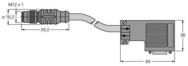 Technische Zeichnung eines Steckers mit Maßen: M12 x 1, Länge 55,2 mm, Breite 64 mm, Höhe 36 mm. Draufsicht zeigt Steckverbindung.