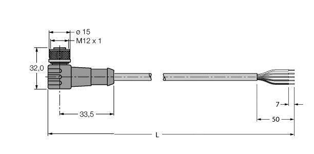Technische Zeichnung eines M12-Steckers mit Abmessungen: Gesamtlänge 33,5 mm, Durchmesser 15 mm, Kabellänge 50 mm.