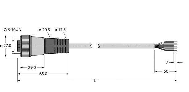 Stecker-Diagramm mit Maßen: 7/8-16UN, Länge 65 mm, Durchmesser 27 mm. Kabelaufbau mit 7 mm freiliegende Drähte und 50 mm Isolierung.