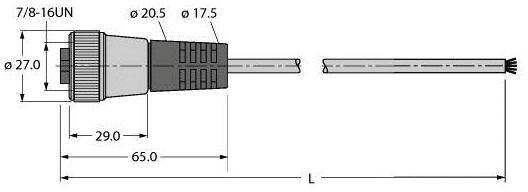 Technische Zeichnung eines Steckers mit Maßen: 7/8-16UN-Gewinde, Durchmesser 27 mm, Gesamtlänge 65 mm, Kabeldurchmesser 17,5-20,5 mm.
