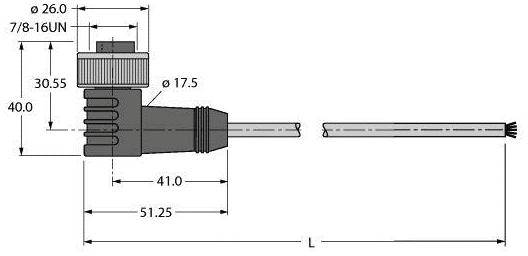 Technische Zeichnung eines Winkelsteckverbinders mit Maßen: Gesamtlänge 51,25 mm, Breite 26 mm, Höhe 40 mm, Gewinde 7/8-16UN.