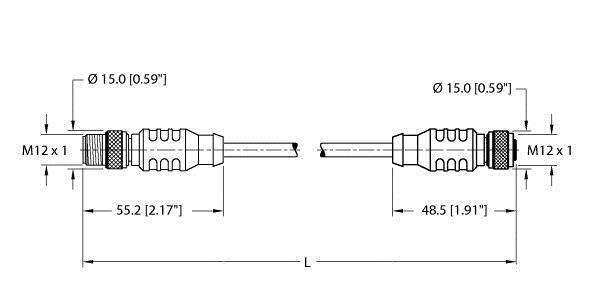 Technische Zeichnung zeigt zwei M12-Stecker, einer mit Verschraubung und einer mit Kabel. Maße: Ø15, 55,2 mm und 48,5 mm Länge.