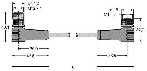 Ein technisches Zeichnungsdiagramm eines M12-Steckers, zeigt Maße: ø14,2 mm und ø15 mm, Gesamtlängen 43,5 mm und 33,5 mm.