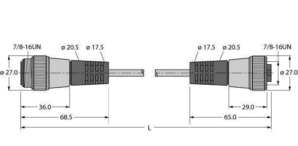 Technische Zeichnung von zwei elektrischen Steckern mit Maßangaben. Maße: Durchmesser 20,5-27,0 mm, Länge 36,0-68,5 mm, 7/8-16UN.