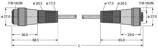 Technische Zeichnung von zwei Steckern mit Maßen: Stecker links 68,5 mm, rechts 65,0 mm, beide Durchmesser 27,0 mm bei 7/8-16UN.