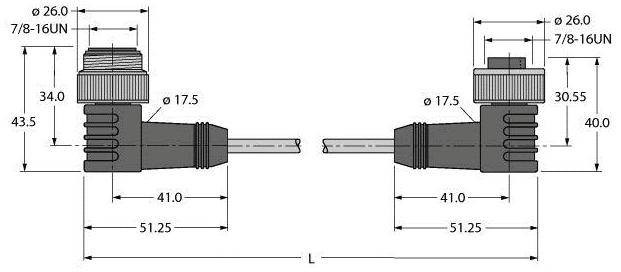 Technische Zeichnung zweier rechtwinkliger Steckverbinder mit Abmessungen: Durchmesser 26 mm, Länge 41 mm, Breite 51,25 mm.