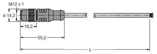 Technische Zeichnung eines M12-Steckers mit Maße: 55,2 mm Länge, 18,2 mm Breite, M12 x 1 Gewinde; Kabel zeigt nach rechts.