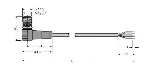 Steckverbinder mit M12-Gewinde, Abmessungen in Millimetern angegeben. Seitliche Koordinaten verdeutlichen Kabelposition und Anschlussmaße.