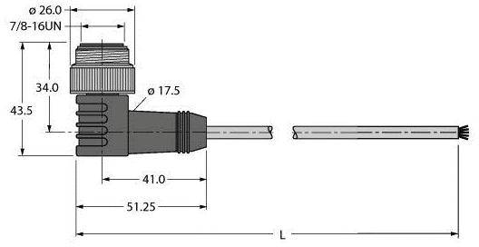 Technische Zeichnung eines Steckverbinders mit Maßen: 26mm Durchmesser, 43,5mm hoch, 51,25mm lang inklusive Kabel; 7/8-16UN Gewinde.