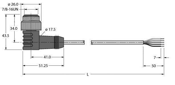 Technische Zeichnung eines Steckers mit Maßen: Länge 51,25 mm, Breite 17,5 mm, Höhe 43,5 mm. Anschlusskabel zeigt Längenangaben.